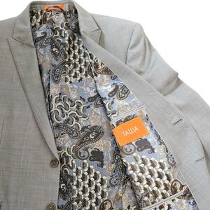 Tallia Mens 46S Sport Coat Blazer Gray 100% Wool Two Button Paisley Lining